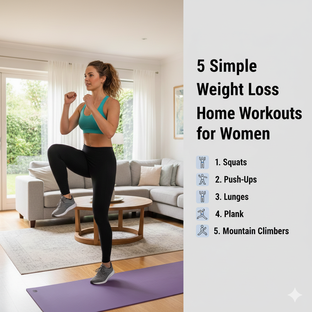 Woman doing a simple home workout for weight loss in her living room