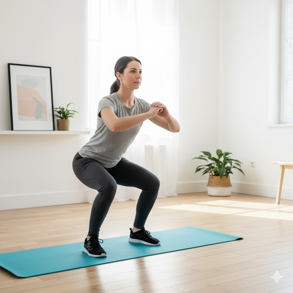 Beginner woman doing body weight training at home for weight loss