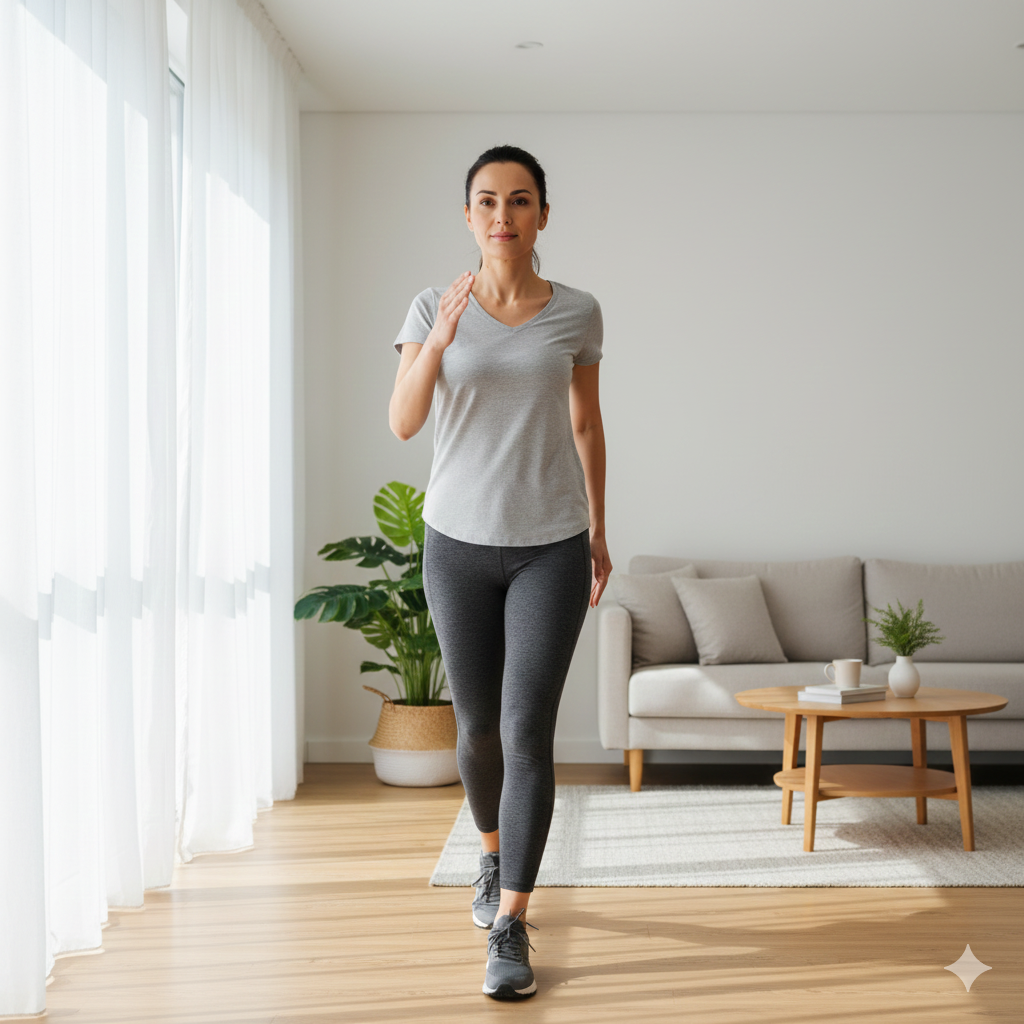 Woman brisk walking at home as part of a weight loss workout routine