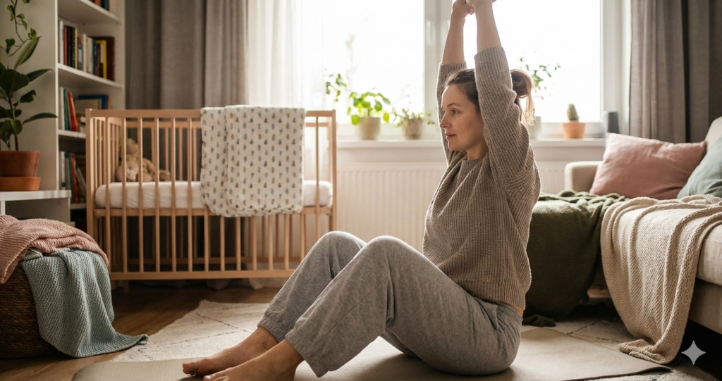 Postpartum woman starting her day with light stretching at home