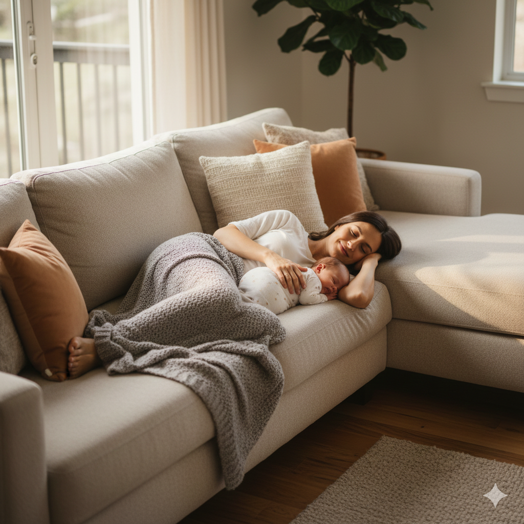 New mother resting at home with sleeping baby