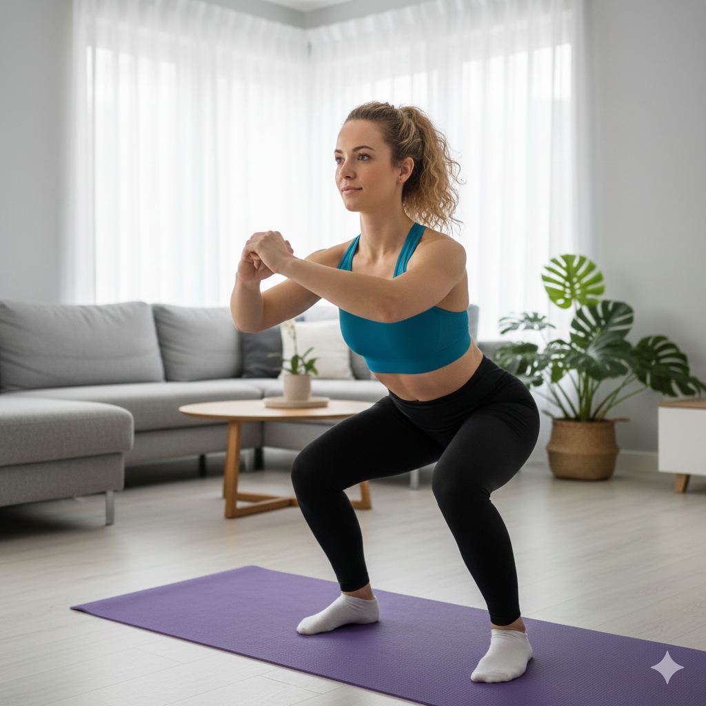 Woman performing bodyweight squats at home with proper form