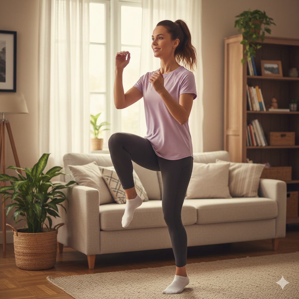 Woman doing low-impact standing cardio workout at home