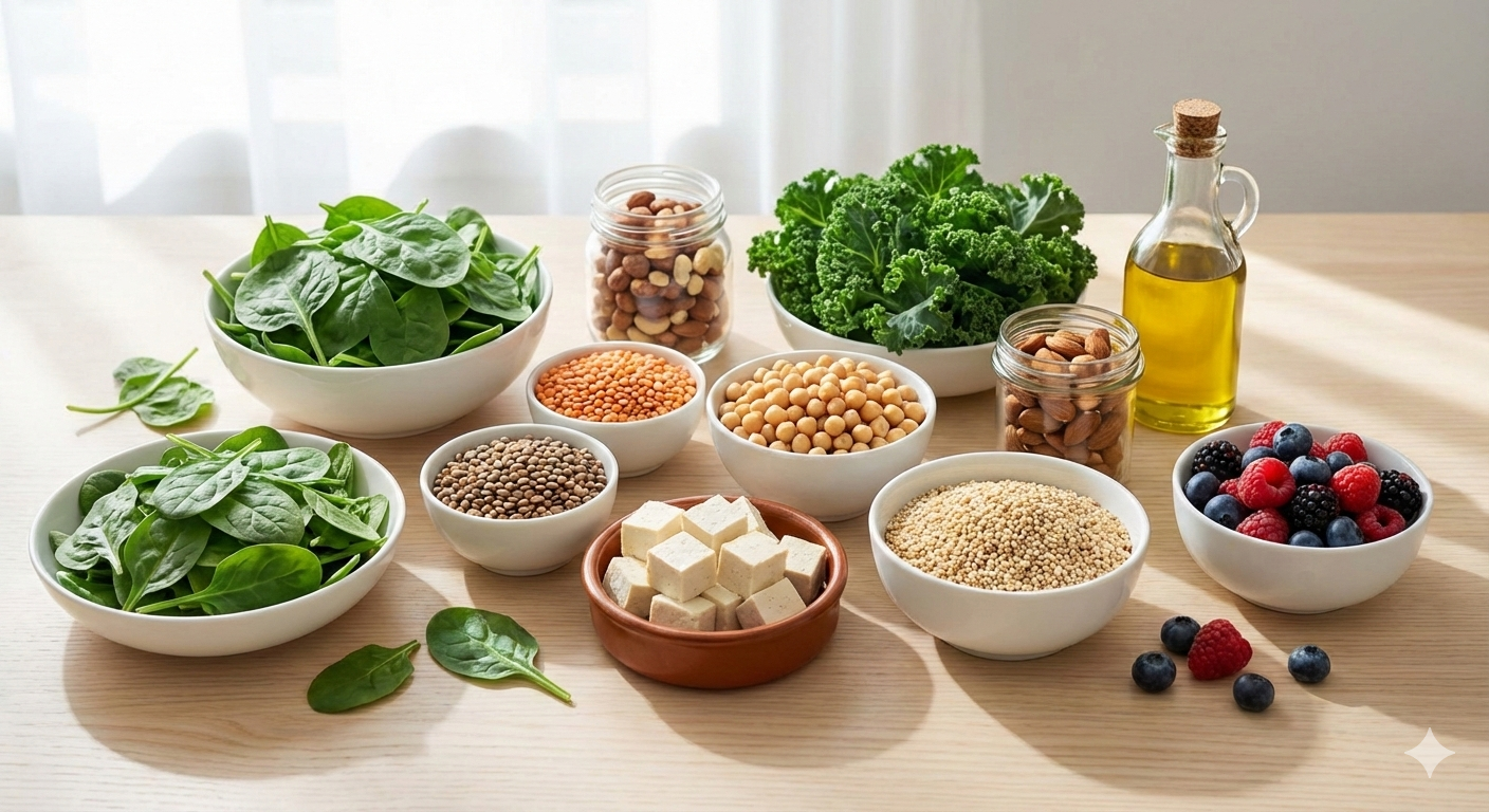 Scientifically proven vegetarian diet foods including leafy greens, lentils, chickpeas, quinoa, tofu, berries, nuts, and olive oil for healthy weight loss