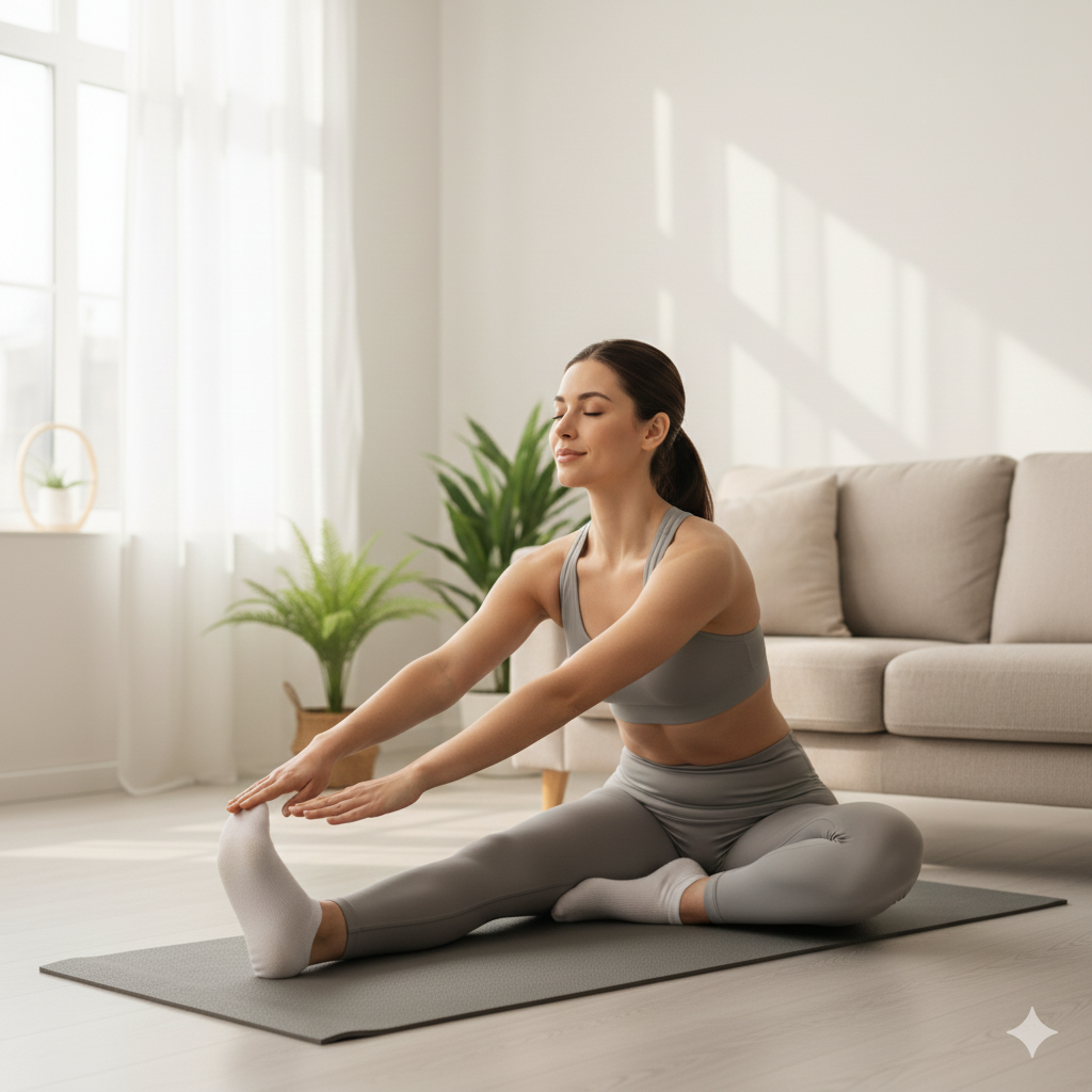 Woman stretching after HIIT workout at home