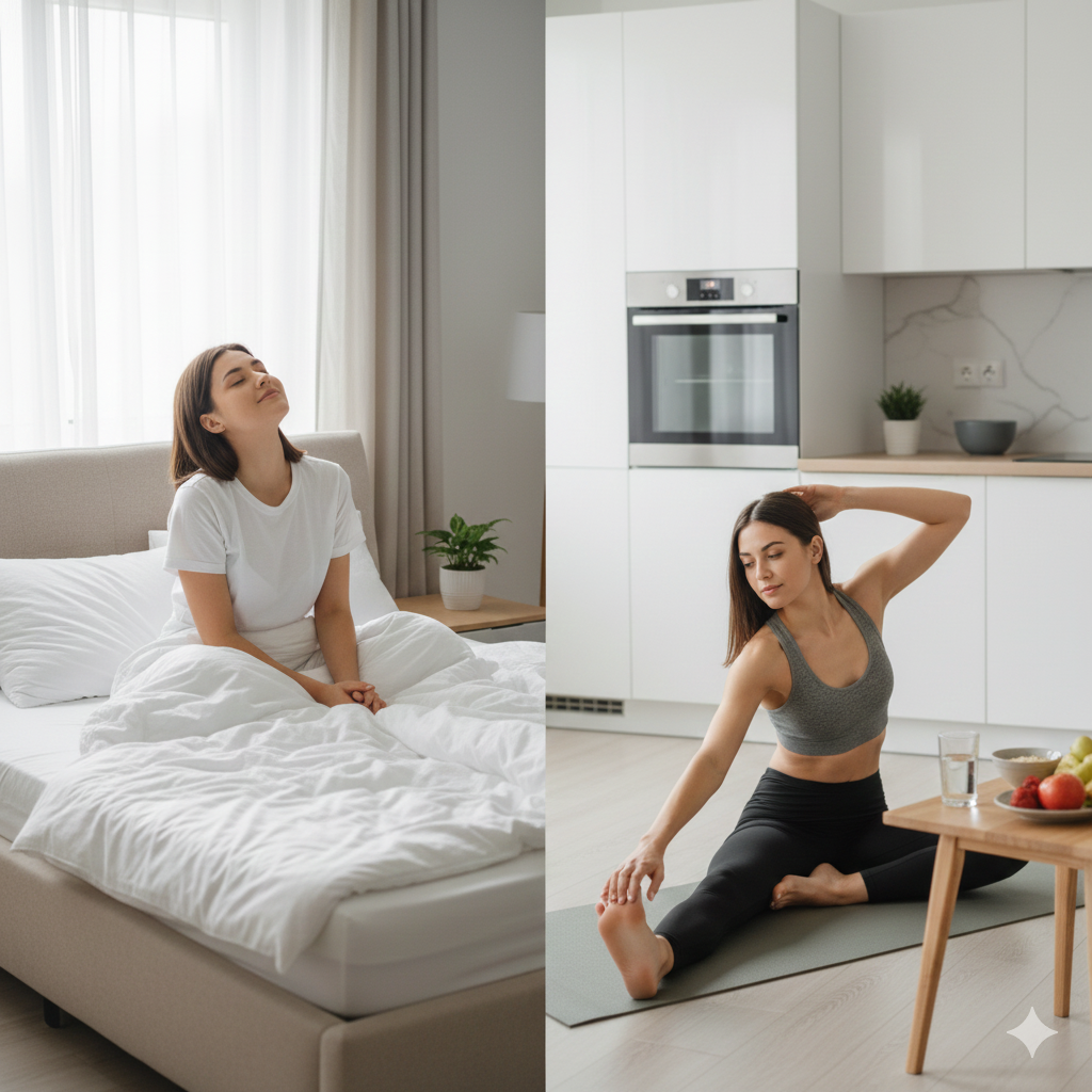 Healthy daily routine including sleep, nutrition, and activity for weight loss