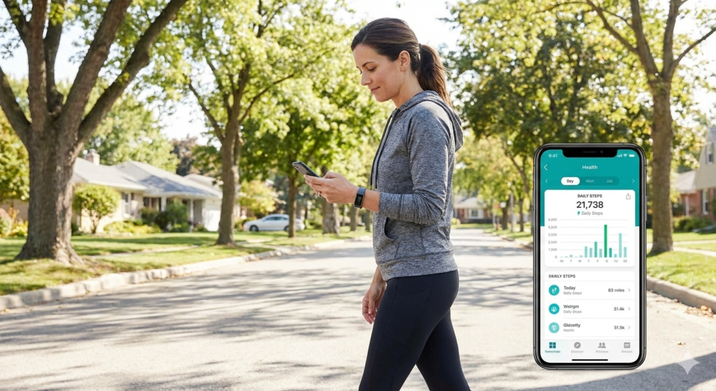 Woman tracking daily activity using AI fitness tools