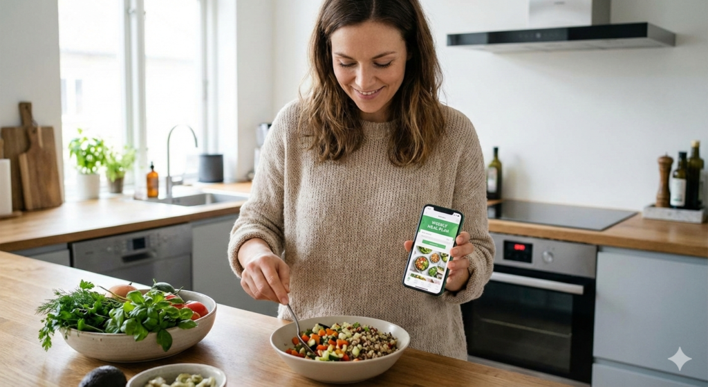 Woman using AI meal planner app while preparing healthy food